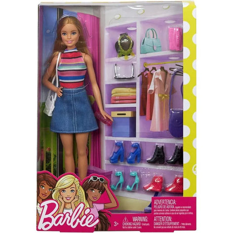 Barbie fashion doll and accessories packaging showing wardrobe setup with shoes and bags