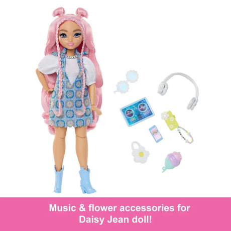 Barbie Dream Besties Daisy Jean doll displayed with music and flower accessories including headphones and phone