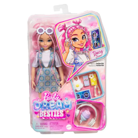 Barbie Dream Besties Daisy Jean doll in box with accessories, music theme items, and illustrated packaging artwork