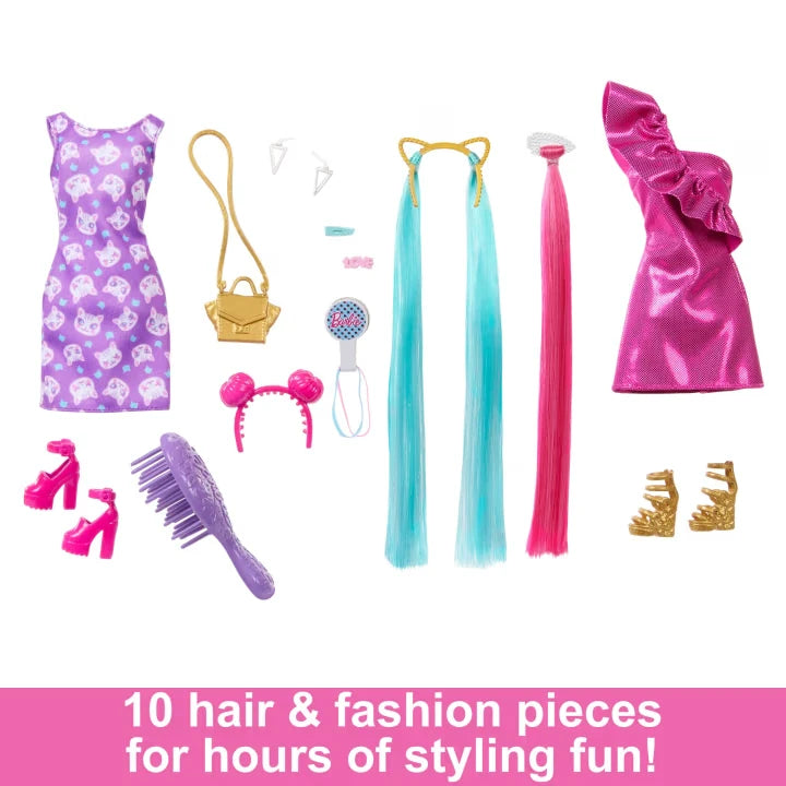 Barbie Fun & Fancy Hair Doll accessories laid out with dresses, shoes, brush, hair pieces and jewellery