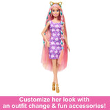 Barbie Fun & Fancy Hair Doll wearing a purple dress with colourful hair accessories