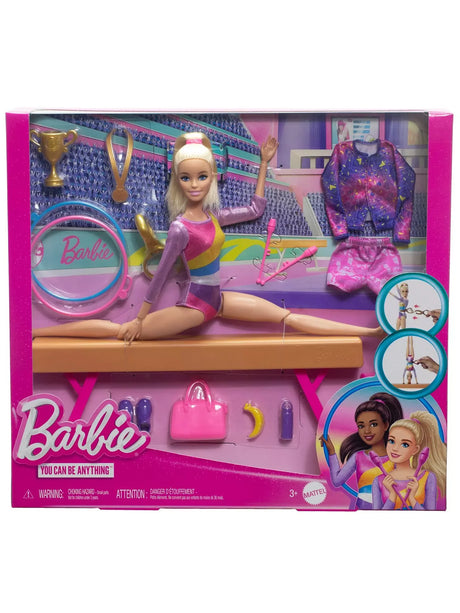 Barbie Gymnastics Playset in box with doll, balance beam, outfit and over ten themed accessories