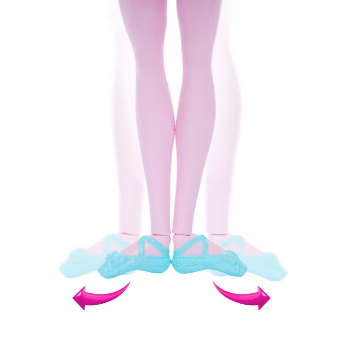 Close view of the Barbie In The Nutcracker Clara Doll wearing pale pink tights and blue ballet shoes angled outwards, with pink arrows below.