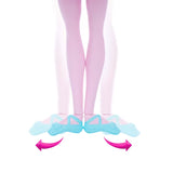Close view of the Barbie In The Nutcracker Clara Doll wearing pale pink tights and blue ballet shoes angled outwards, with pink arrows below.