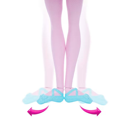 Close view of the Barbie In The Nutcracker Clara Doll wearing pale pink tights and blue ballet shoes angled outwards, with pink arrows below.