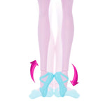Close view of the Barbie In The Nutcracker Clara Doll wearing pale pink tights and blue ballet shoes together, with pink curved arrows beside the feet.