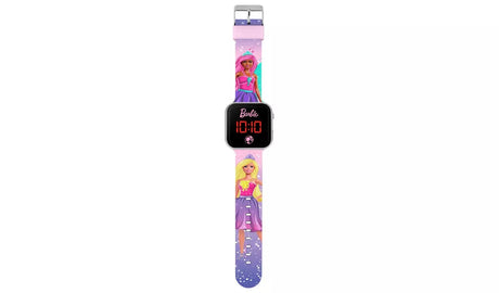 Barbie kids LED watch with silver tone case, red digital display and printed character strap featuring Barbie in princess outfits