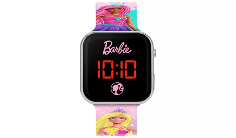 Barbie LED watch front view with Barbie logo, red digital display, Barbie silhouette graphic and princess character printed strap