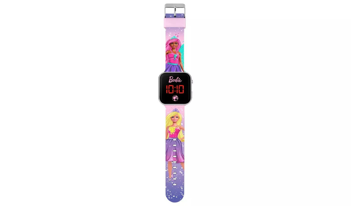 Barbie LED watch showing full printed pink and purple silicone strap with Barbie princess character designs and glitter detail