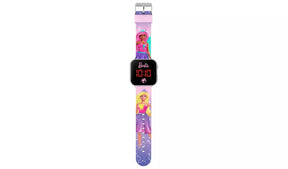 Barbie LED watch showing full printed pink and purple silicone strap with Barbie princess character designs and glitter detail