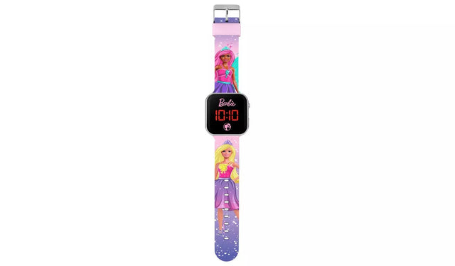 Barbie LED watch showing full printed pink and purple silicone strap with Barbie princess character designs and glitter detail