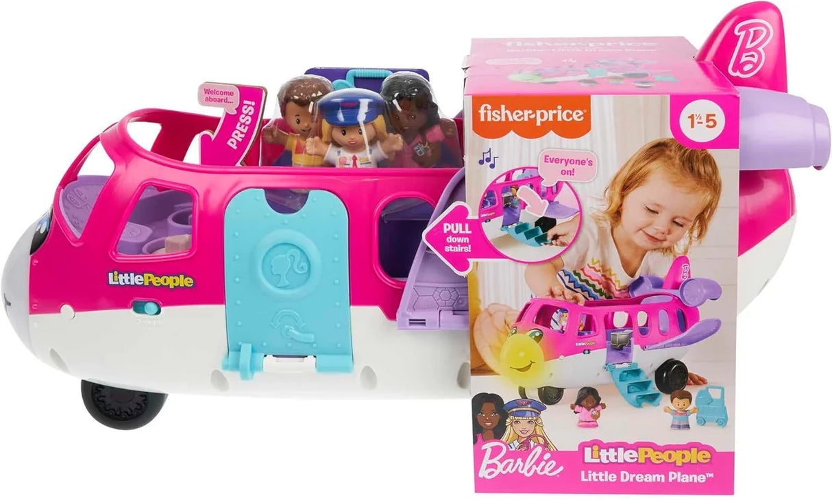 Fisher Price Barbie Little People Little Dream Plane retail box showing plane, figures and interactive features for toddlers