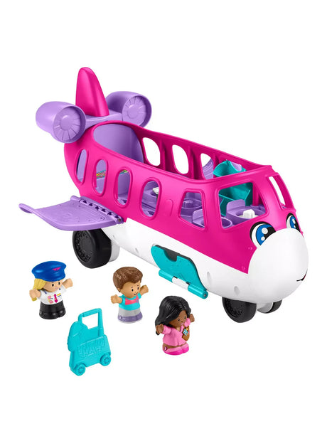 Pink and white Fisher Price Barbie Little People airplane toy with smiling face, three figures and blue suitcase beside it