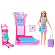Barbie Malibu doll with the pink baggage claim playset, luggage cart, purple suitcase and sticker sheet