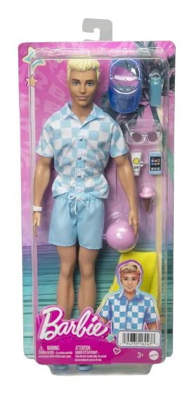 Barbie Movie Ken Beach Doll in retail box, blond Ken in blue check shirt and sky blue trunks, beach accessories visible