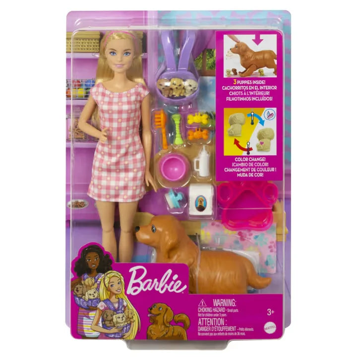 Barbie Newborn Pups Playset in retail packaging with puppies and doll Ireland