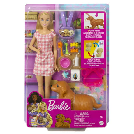 Barbie Newborn Pups Playset in retail packaging with puppies and doll Ireland