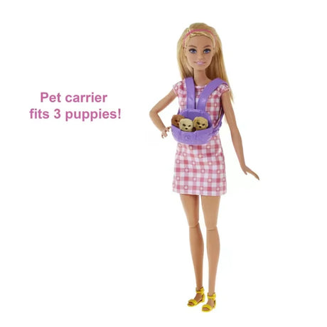 Barbie Newborn Pups Playset doll carrying three puppies in pet carrier Ireland