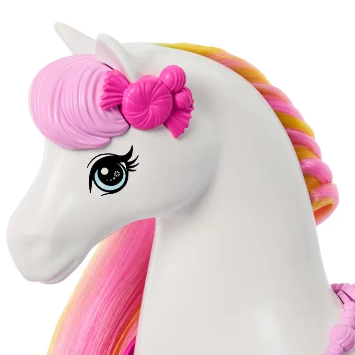 Close view of the Barbie Nutcracker horse with pink candy clips in its colourful mane