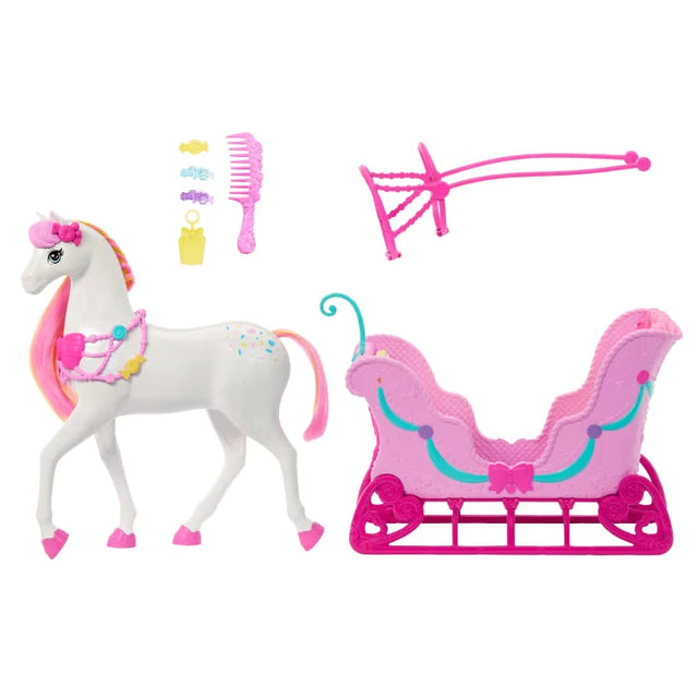 Barbie Nutcracker horse and pink sled with harness, comb, candy clips and lantern
