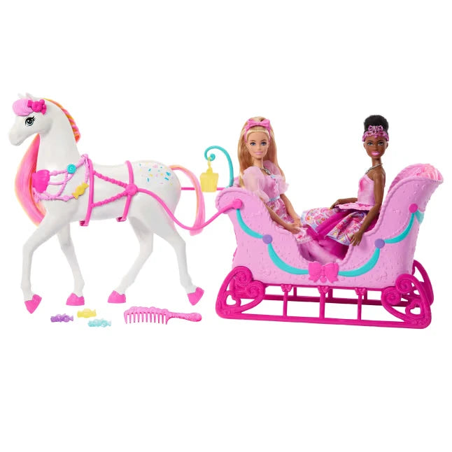 Barbie Nutcracker horse pulling the pink sled with two Barbie dolls seated inside
