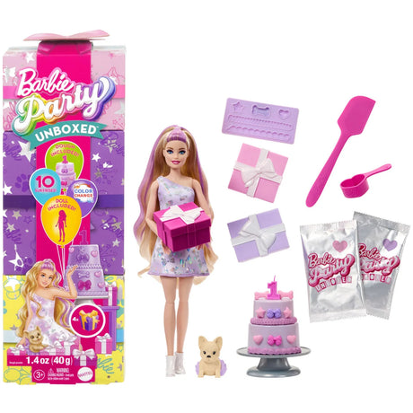 Barbie Pet Party Blonde Doll unboxed with packaging, pet figure, cake and accessories