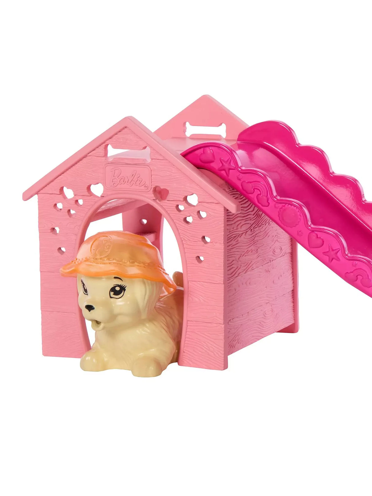 Pink doghouse slide with puppy figure sitting underneath