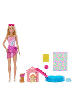 Barbie Puppy Pool Party Playset pieces showing doll, two pets, pool, slide, towel, ball and bowls