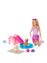 Barbie Puppy Pool Party Playset with Barbie doll, two puppies, pool, pink slide and accessories