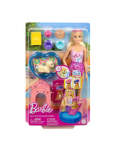 Barbie Puppy Pool Party Playset packaging front showing doll, puppy, pool, slide and accessories