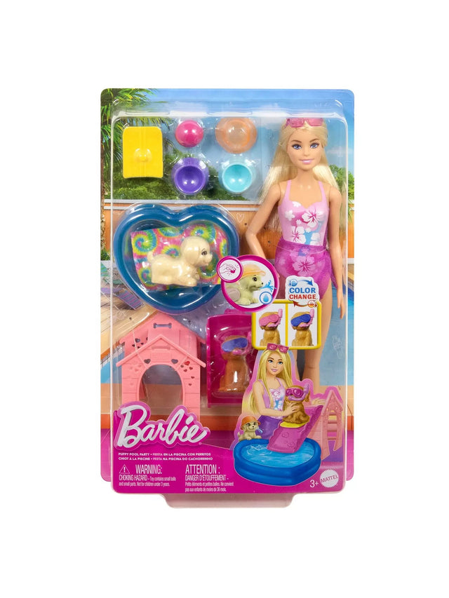 Barbie Puppy Pool Party Playset packaging front showing doll, puppy, pool, slide and accessories