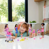 Barbie Skipper Babysitters Stroller Playset shown with child and multiple Barbie doll sets