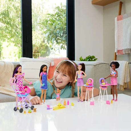 Barbie Skipper Babysitters Stroller Playset shown with child and multiple Barbie doll sets