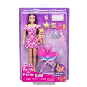 Barbie Family and Friends Skipper Babysitters Stroller Playset in retail packaging with dolls and accessories visible
