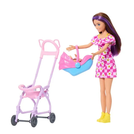 Barbie Skipper Babysitters Stroller Playset with Skipper doll holding the stroller handle and baby car seat attached