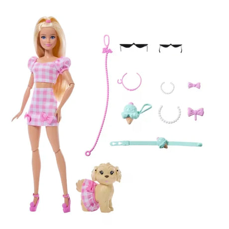 Barbie Twinning Looks Doll with accessories including bows, necklaces, and dog leash.