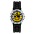 Close view of the Batman Black Time Teacher Watch showing the yellow Batman dial, easy read numbers and time teacher hands