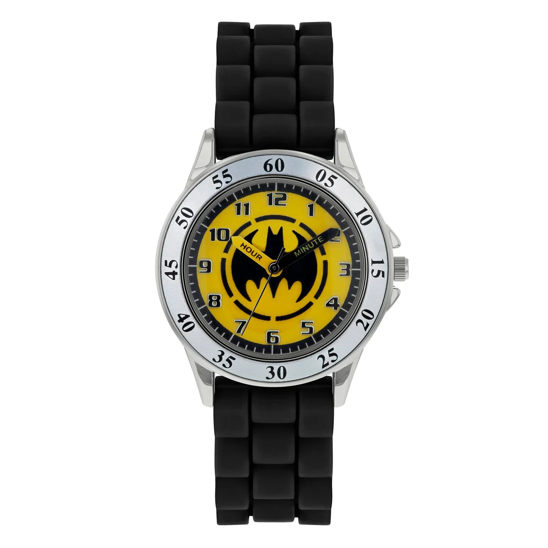 Close view of the Batman Black Time Teacher Watch showing the yellow Batman dial, easy read numbers and time teacher hands