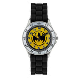 Close view of the Batman Black Time Teacher Watch showing the yellow Batman dial, easy read numbers and time teacher hands