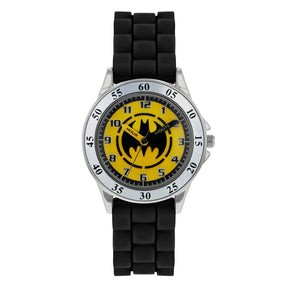 Close view of the Batman Black Time Teacher Watch showing the yellow Batman dial, easy read numbers and time teacher hands