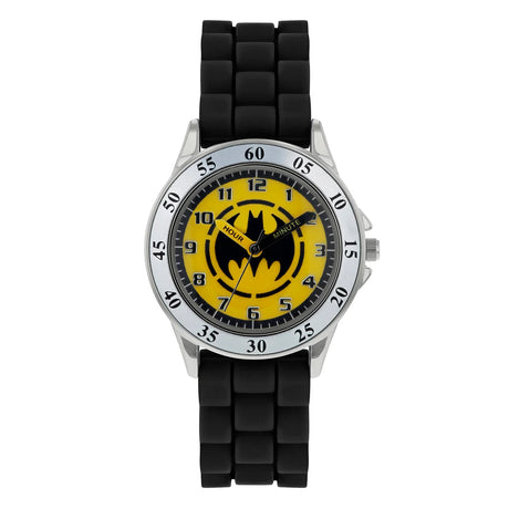 Close view of the Batman Black Time Teacher Watch showing the yellow Batman dial, easy read numbers and time teacher hands