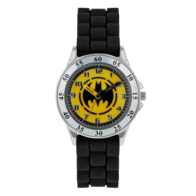 Close view of the Batman Black Time Teacher Watch showing the yellow Batman dial, easy read numbers and time teacher hands