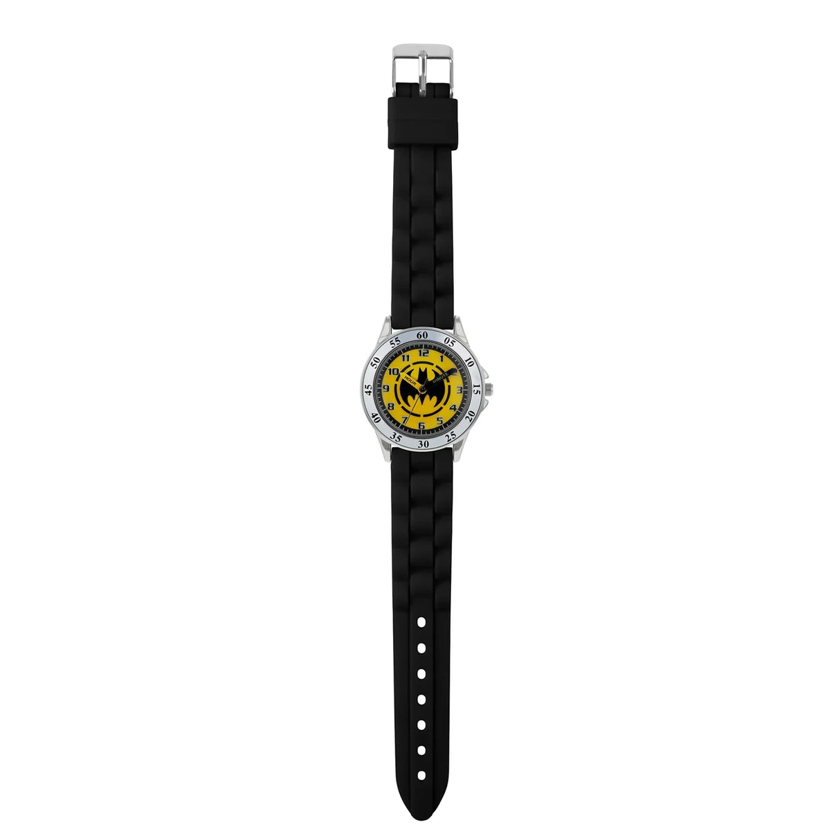 Batman Black Time Teacher Watch full view with black silicone strap, yellow Batman dial and numbered bezel