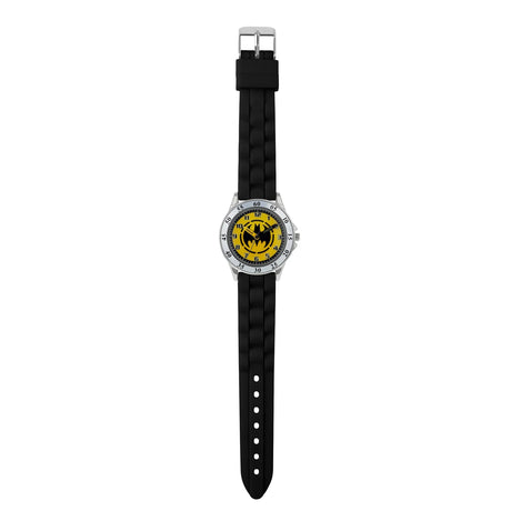 Batman Black Time Teacher Watch full view with black silicone strap, yellow Batman dial and numbered bezel