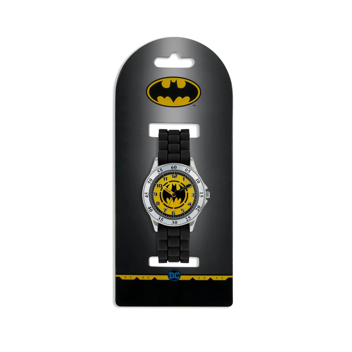 Batman Black Time Teacher Watch displayed on black Batman retail packaging