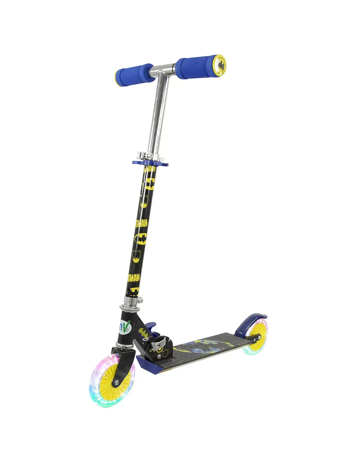 A Batman themed inline scooter with blue grips, yellow accented wheels, and character graphics on the deck and stem.