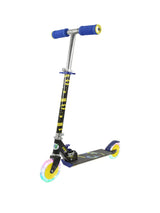 A Batman themed inline scooter with blue grips, yellow accented wheels, and character graphics on the deck and stem.