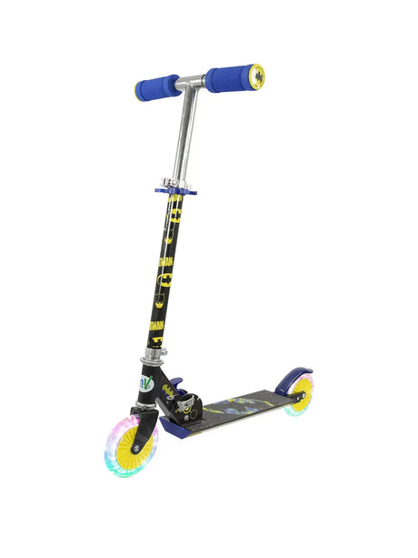 A Batman themed inline scooter with blue grips, yellow accented wheels, and character graphics on the deck and stem.