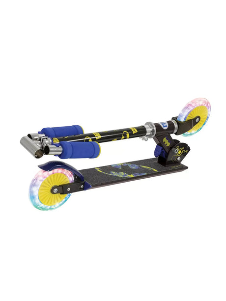 Folded Batman themed inline scooter with blue grips, a printed deck featuring the Batman logo, and yellow accented wheels.