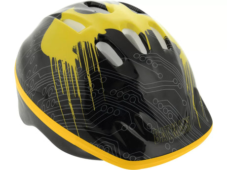 Top angled view of Batman kids helmet featuring large yellow Batman symbol and vented shell